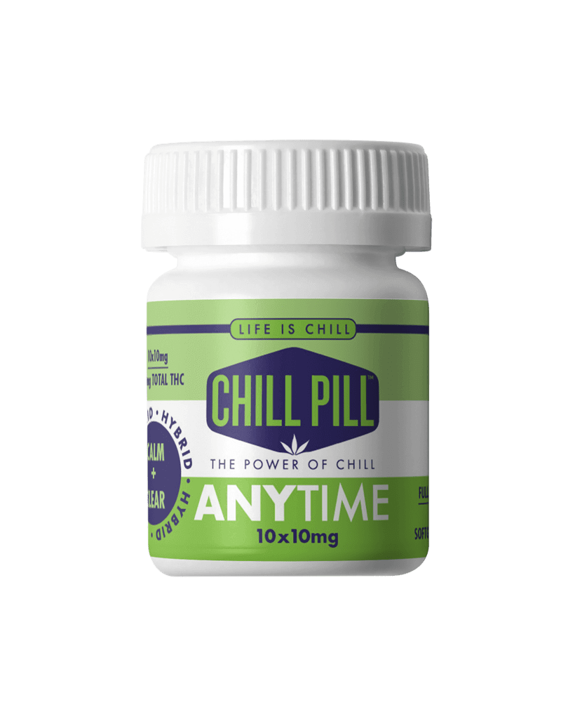 A white and green plastic bottle labeled "Chill Pill" containing 10 hybrid soft gel capsules, each with 10mg, intended for anytime use.