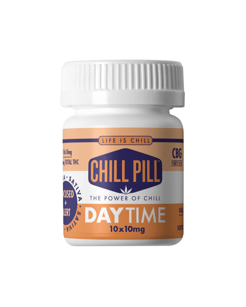 White bottle labeled "CHILL PILL DAY TIME 10 x 10mg," with orange accents and text indicating CBG enrichment and sativa focus.