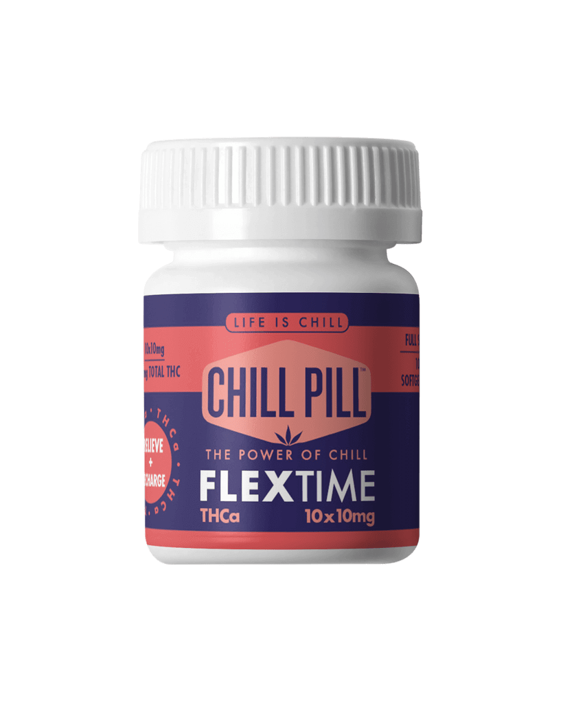 A white plastic bottle labeled "CHILL PILL FLEXTIME THCa 10x10mg" with a pink and purple design, shown against a plain white background.