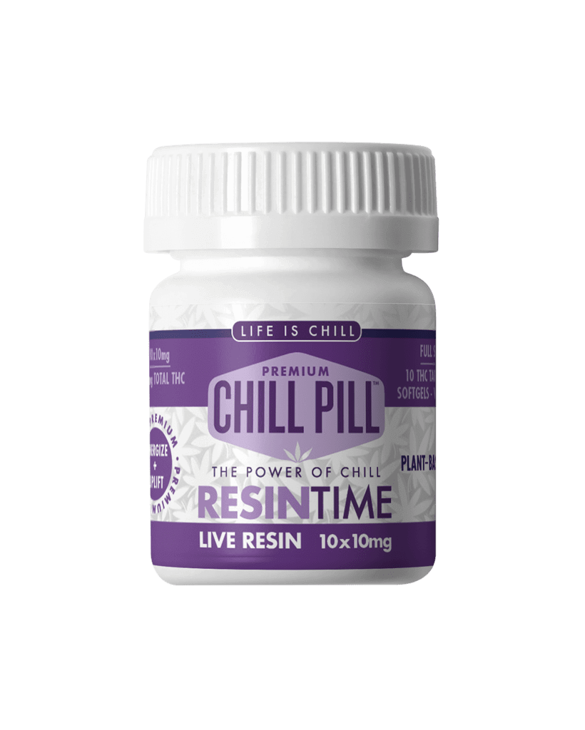 A white and purple bottle labeled "Chill Pill Resintime" contains 10 plant-based live resin softgels, each 10mg, with the tagline "The Power of Chill.