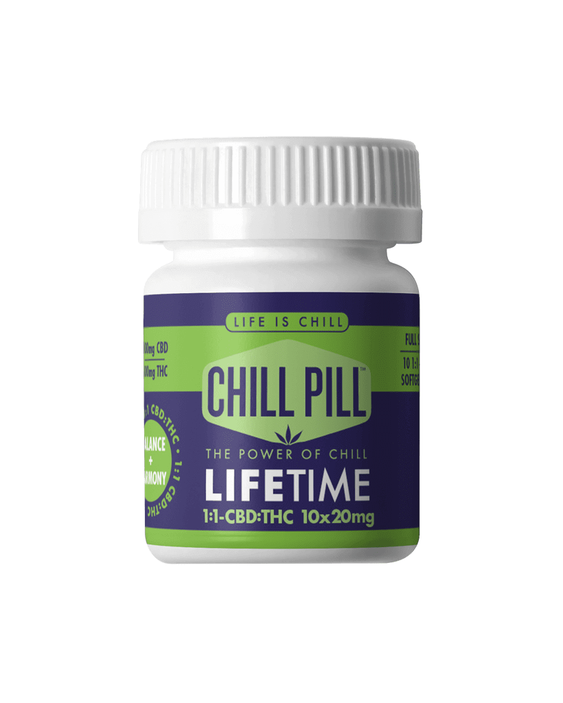 A white bottle labeled "Chill Pill" with green and purple design, featuring text about CBD and THC content and the phrase "Life is Chill.