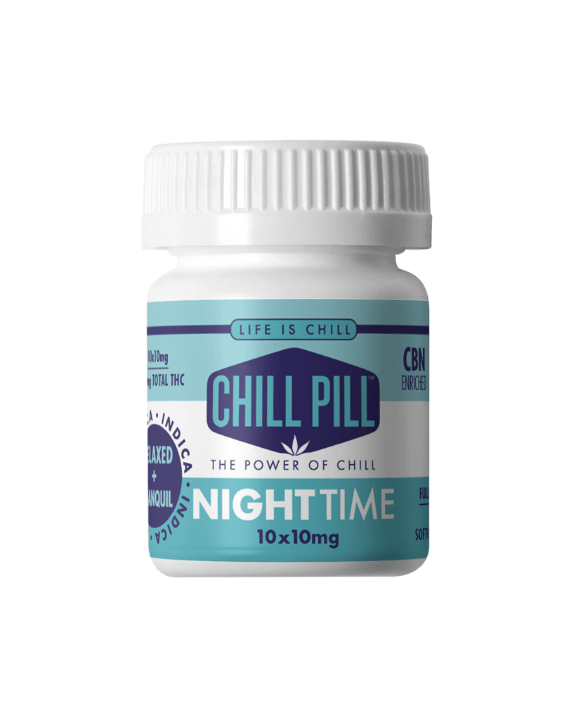 A white and teal bottle labeled "Chill Pill Night Time 10 x 10mg" with CBN enriched, showing product branding and dosage information.