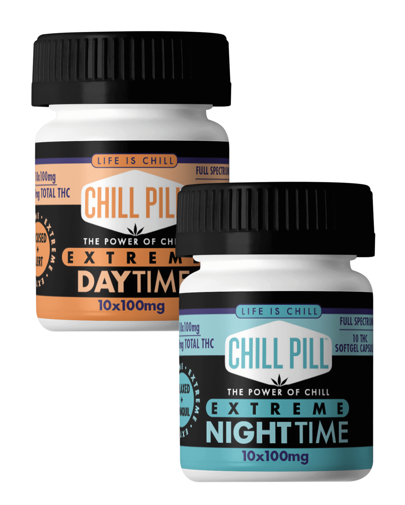 Two bottles of Chill Pill Extreme softgel capsules, labeled "Daytime" and "Nighttime," each containing 10 capsules of 100mg full spectrum hemp extract.