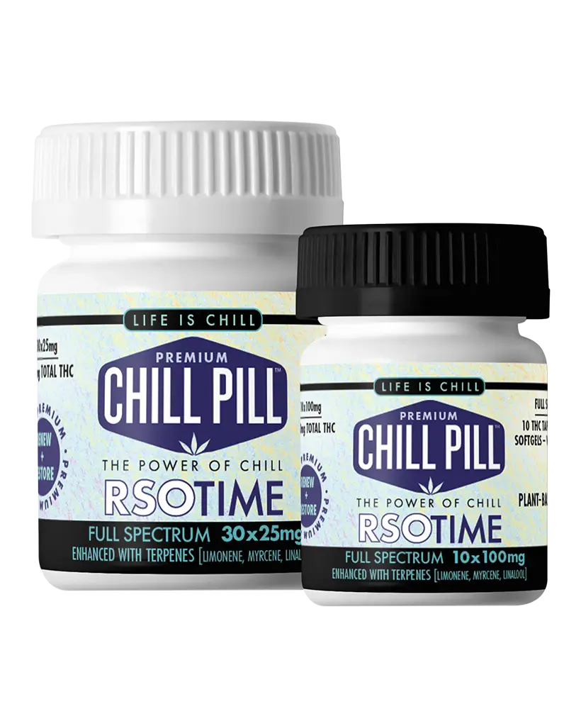 Two bottles of "Chill Pill" full spectrum capsules labeled "RSO TIME," featuring product details and "Life is Chill" tagline on their lids.