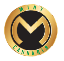 Mint Cannabis logo with a gold and black circular emblem on the left and the words "MINT CANNABIS" in green and gold text on the right.