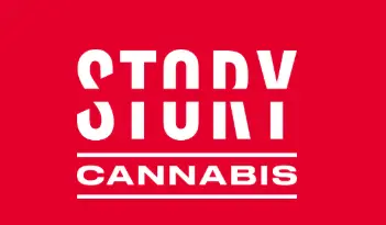 White text on a red background reads "STORY" with "CANNABIS" in capital letters beneath it, separated by two horizontal lines.