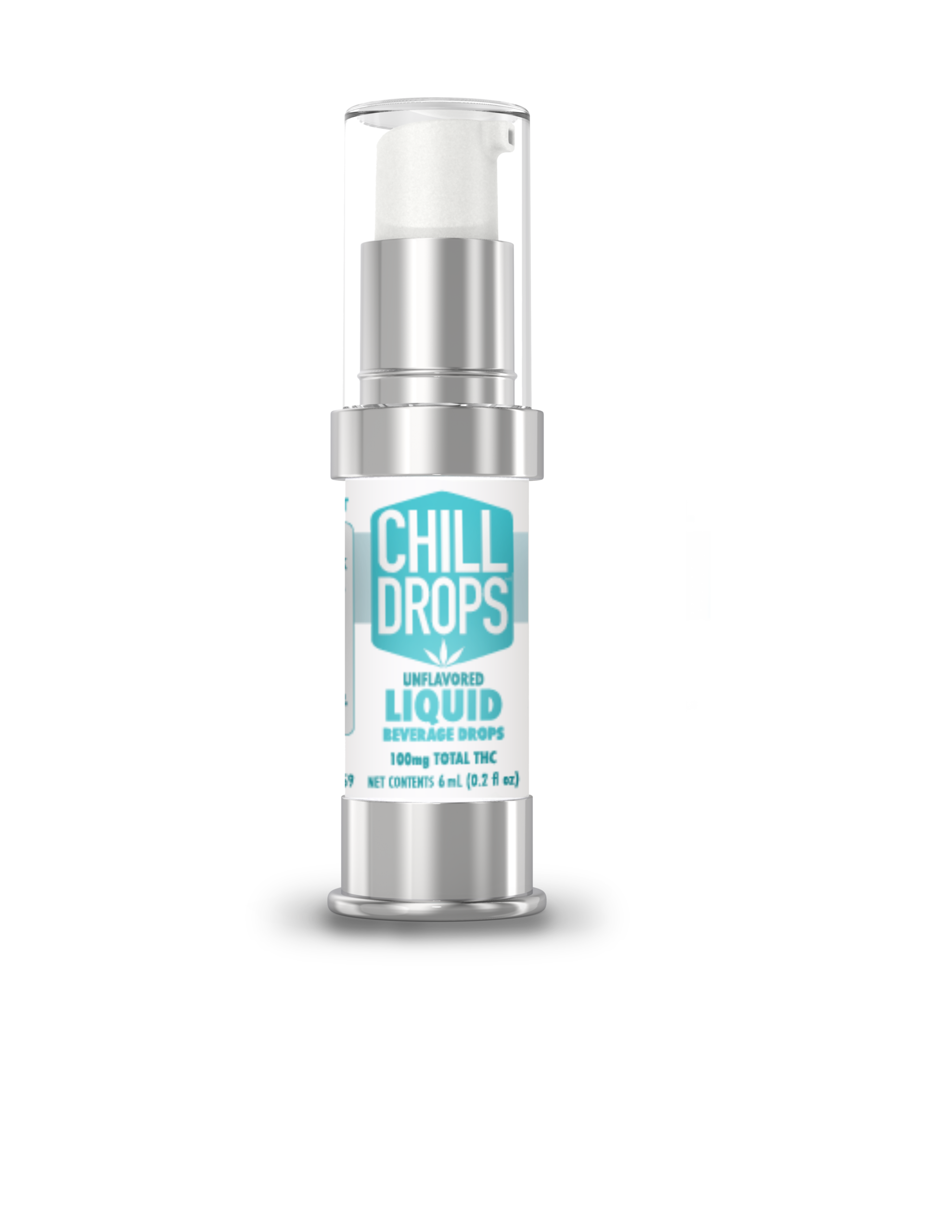 A small bottle labeled "Chill Drops Unflavored Liquid Beverage Drops" containing 100mg total THC, with a pump dispenser and a white background.