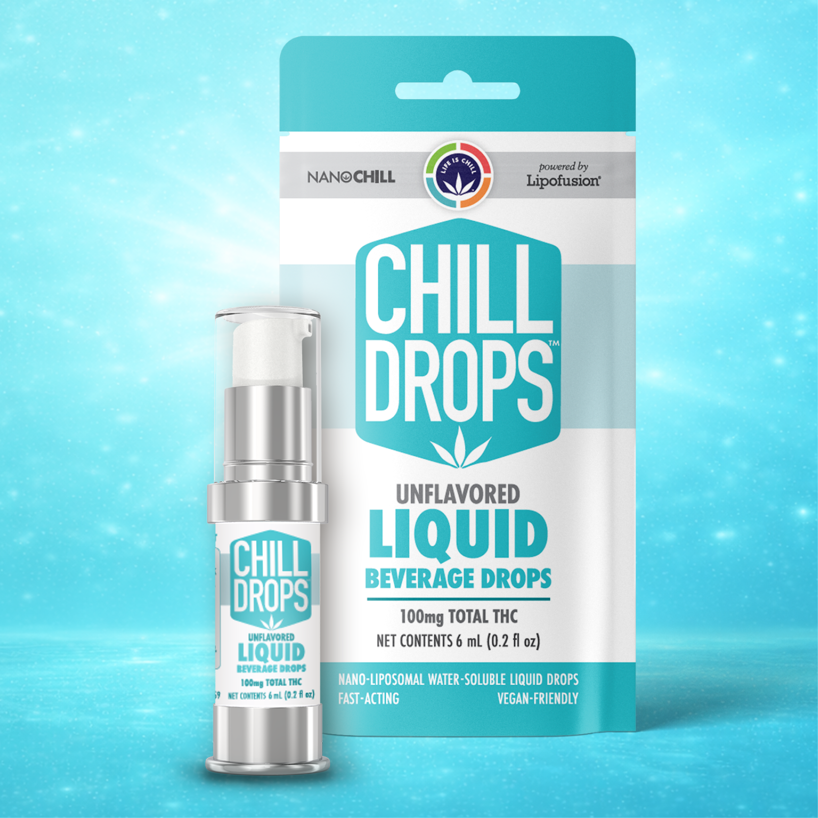 A bottle and pouch of Nano Chill Drops unflavored liquid beverage drops with 100mg THC, displayed on a blue background.