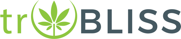 Logo for "trBLISS" with a green cannabis leaf forming the letter "o" in the word, and the rest of the text in green and dark gray.