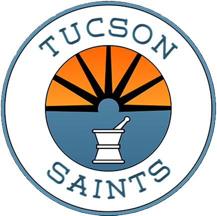 Circular logo with "Tucson Saints" text, an orange and black sunrise, and a white mortar and pestle in the center.