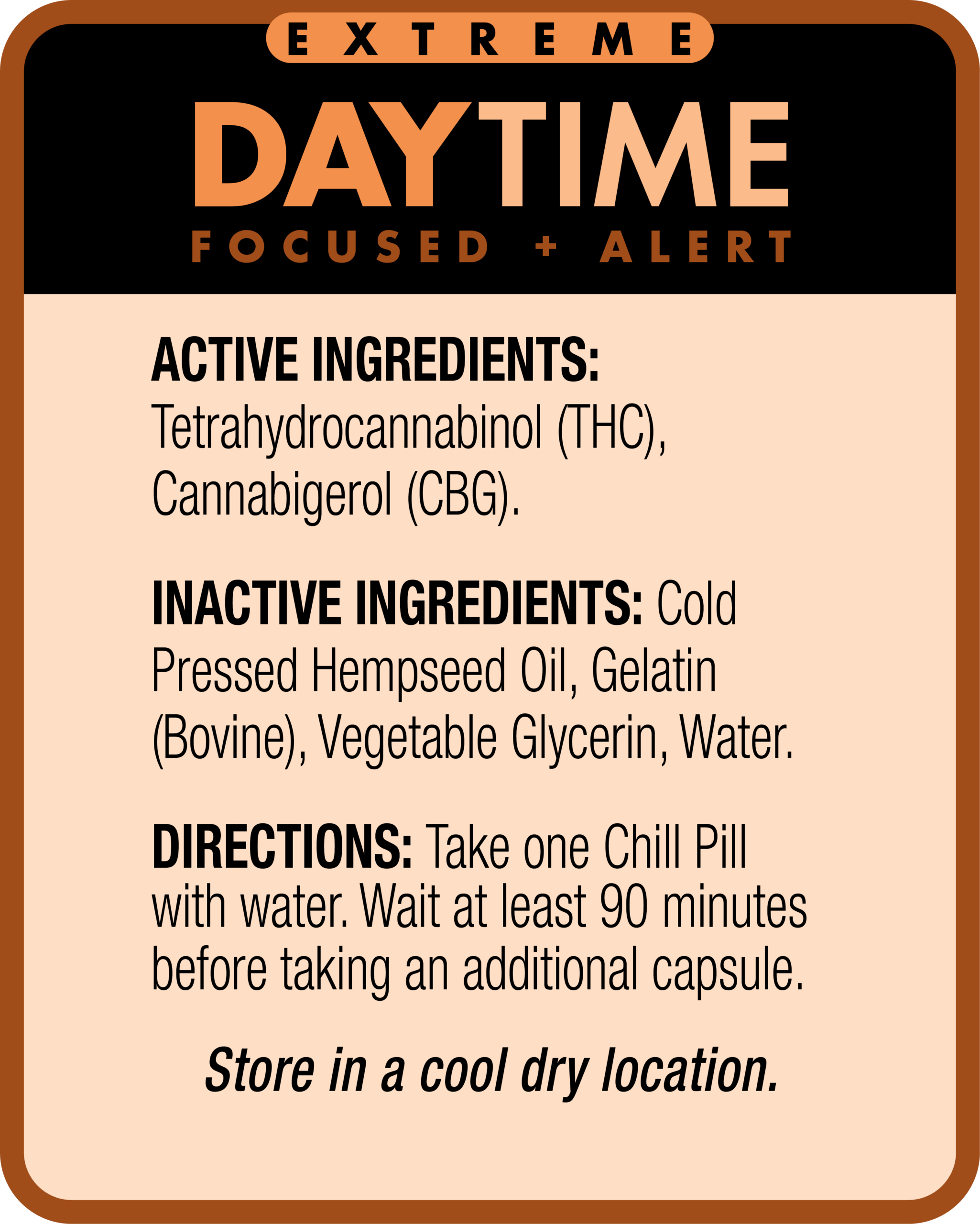 Label for "Extreme Daytime Focused + Alert" capsules listing active and inactive ingredients, usage directions, and storage instructions.