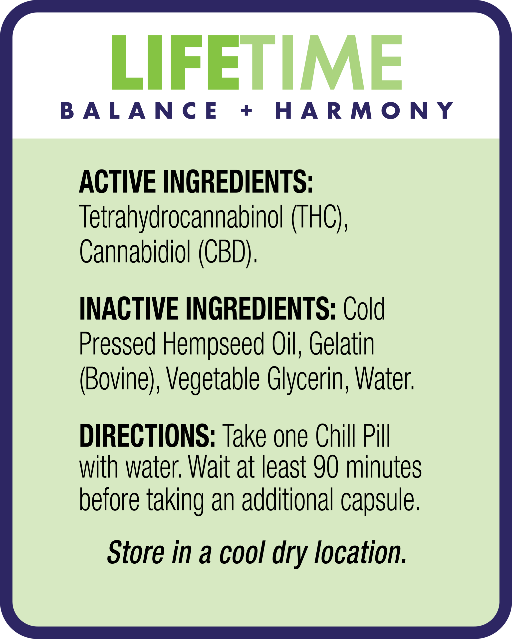 Product label for LIFE TIME Balance + Harmony listing active and inactive ingredients, usage directions, and storage instructions.
